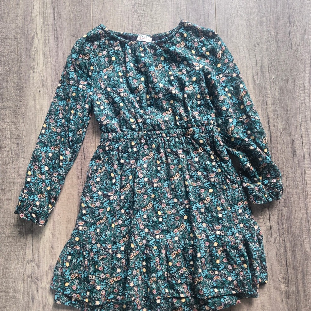FatFace Young Crew Girls Teal Floral Paisley Tiered Ruffle Long Sleeve Dress 7/8